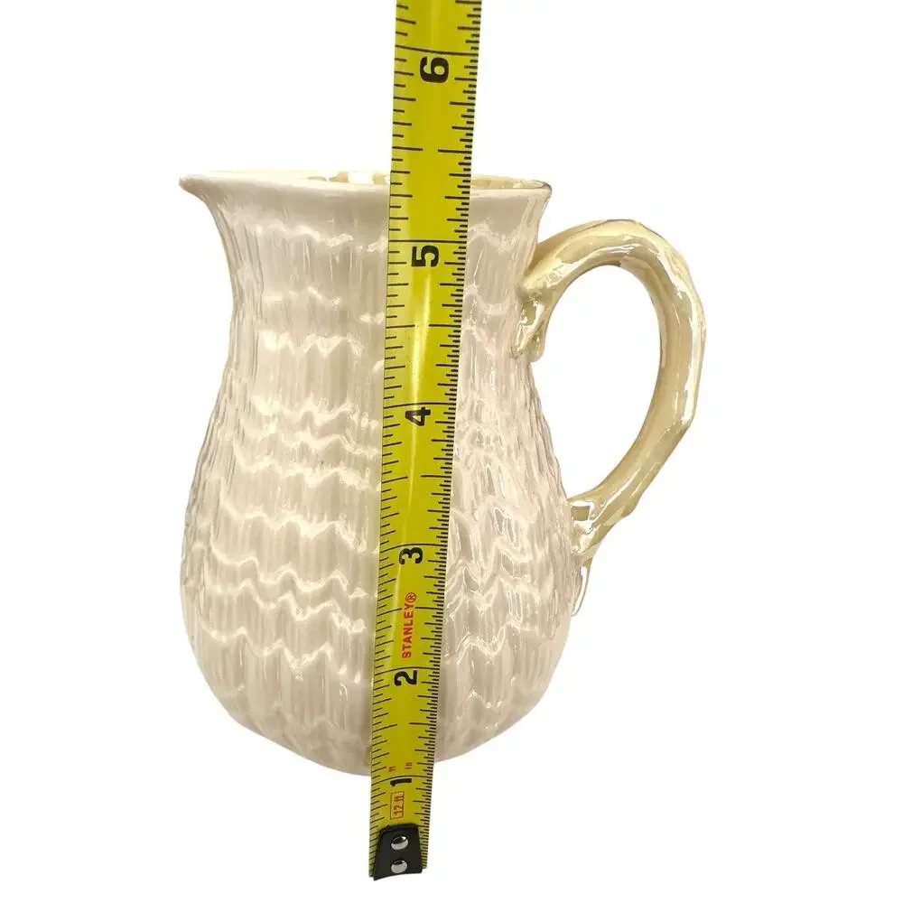 Belleek Ireland Tridacna Yellow Handle 18 Oz Milk Jug Pitcher 5th Green Mark EUC